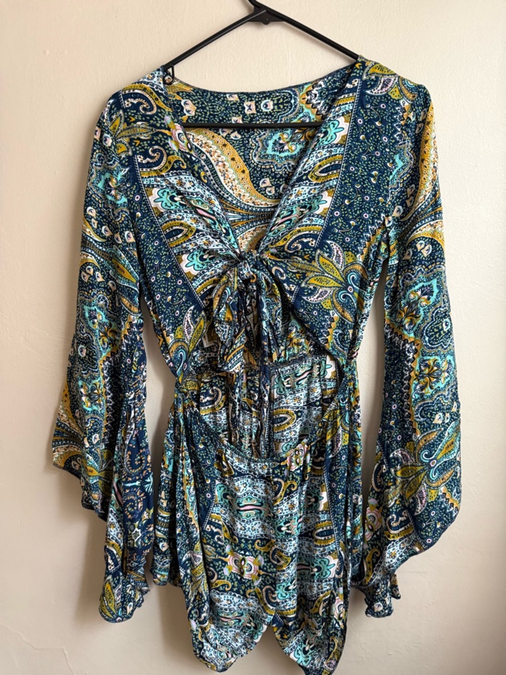 Boho Paisley Tie Front Romper Small/Medium Bell Sleeve Festival Playsuit